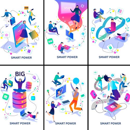 智能网络生活互联网团队合作科技2.5D插画AI矢量设计素材