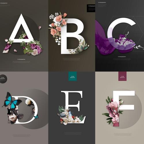 英文字母花朵物品穿插创意艺术字灵感海报设计PSD素材模板