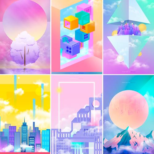 创意奇幻梦幻房屋建筑渐变唯美海报背景PSD模板设计素材