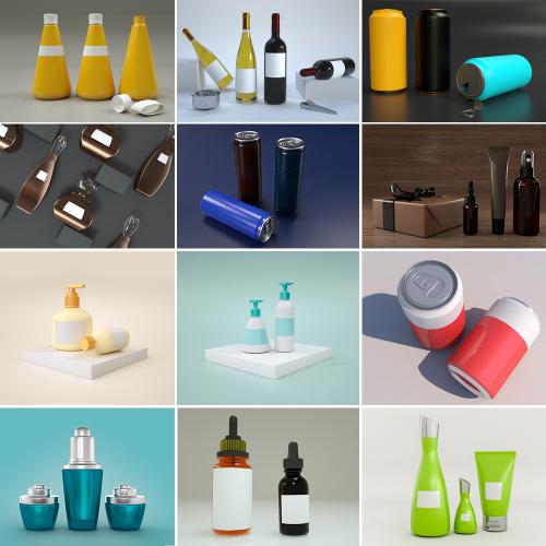 护肤品瓶子饮料易拉罐C4D工程源文件模型库3D立体设计素材