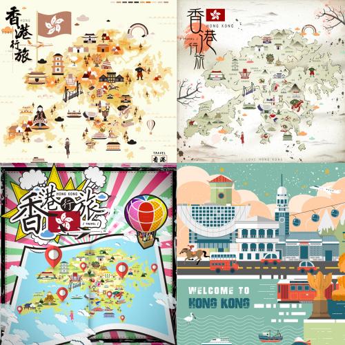 50款HongKong香港旅行旅游地图地标建筑美食矢量AI设计素材