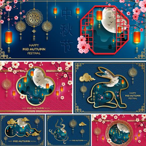 中秋节日矢量插画边框月饼盒平面包装海报AI设计素材