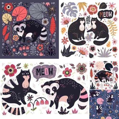 卡通可爱北欧手绘动物猫咪狸印刷包装图案矢量EPS设计素材