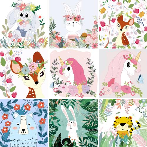 卡通头像兔子独角兽麋鹿动物背景印刷包装饰画EPS矢量素材