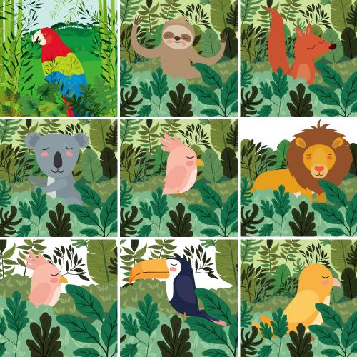 手绘森林北欧动物可爱卡通狮子大嘴鸟插画AI矢量设计素材