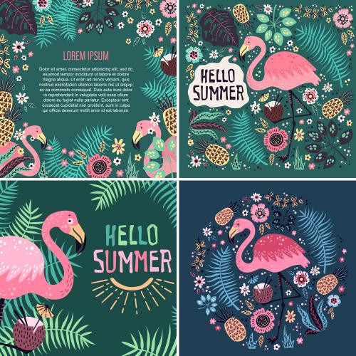 北欧卡通手绘动物火烈鸟叶子花朵印刷手帐EPS矢量设计素材