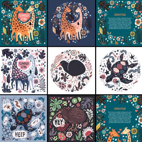 北欧手绘卡通动物长颈鹿海龟叶子花朵手帐EPS矢量设计素材