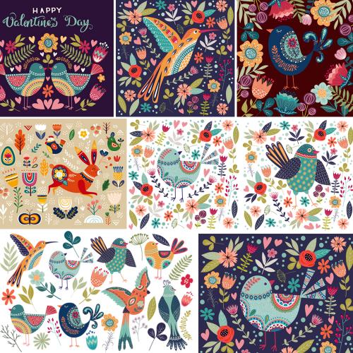 手绘北欧卡通小鸟花朵叶子印刷包装装饰画EPS矢量设计素材