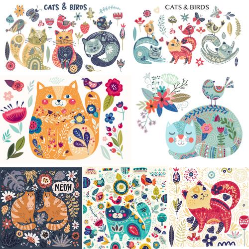 手绘北欧卡通猫咪花朵叶子印刷包装装饰画EPS矢量设计素材