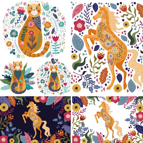 手绘卡通动物小马叶子花朵印刷包装装饰画EPS矢量设计素材