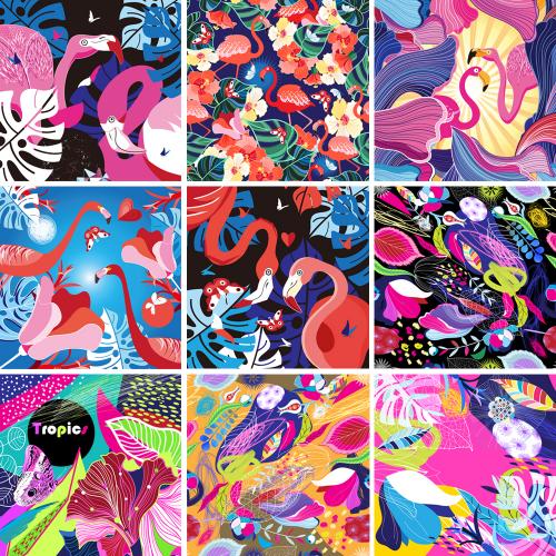 手绘北欧卡通火烈鸟花朵叶子包装装饰画EPS矢量设计素材