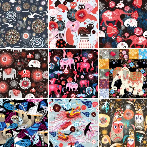 卡通动物大象飞鸟龙印刷包装背景手帐矢量EPS设计素材