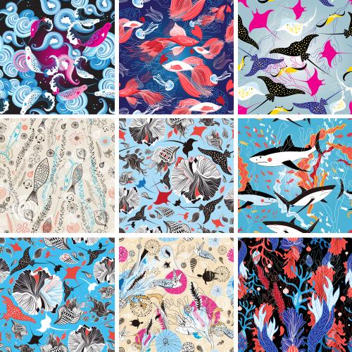 卡通海洋动物生物印刷包装背景图案手帐矢量EPS设计素材