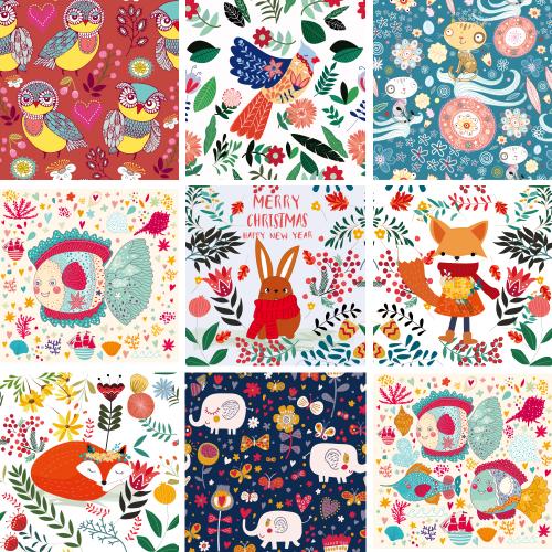 儿童卡通动物猫咪小鸟大象印刷包装矢量EPS设计素材