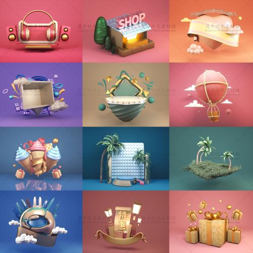 立体lowpoly风格电商促销装饰元素C4D工程源文件设计素材