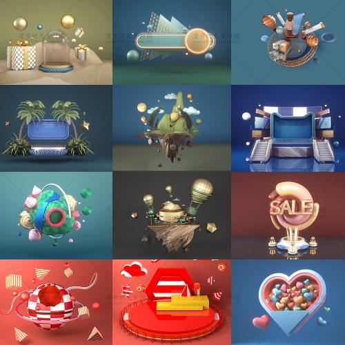 立体lowpoly风格电商促销装饰元素C4D工程源文件设计素材