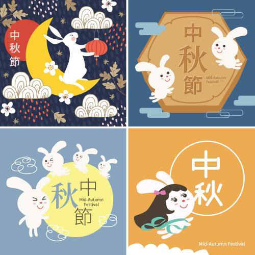 复古中秋节兔子花纹平面包装海报设计矢量EPS素材