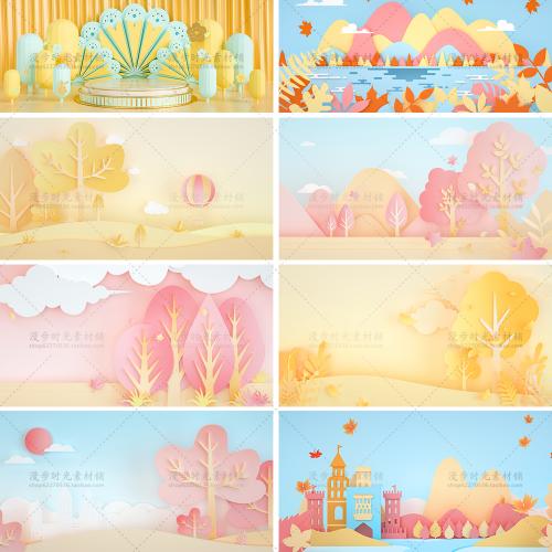 电商C4D剪纸风秋天秋季上新促销背景海报banner设计PSD素材