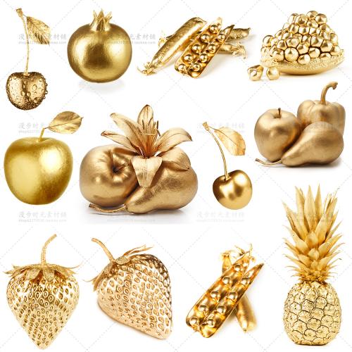 金色水果苹果草莓梨菠萝厨房装饰画海报JPG图片设计素材