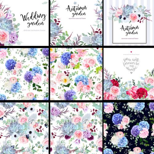 手绘矢量绣球花多肉植物花朵花卉婚礼请柬卡片EPS设计素材