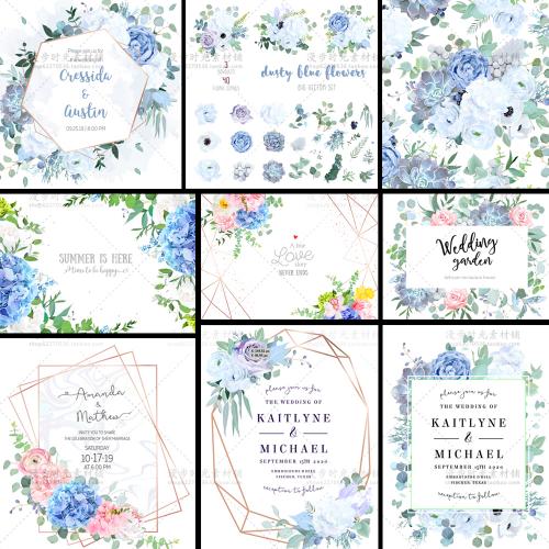 手绘矢量绣球花多肉植物花朵花卉婚礼请柬卡片EPS设计素材