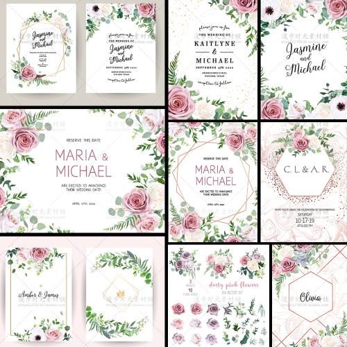 手绘矢量花环玫瑰花朵花卉婚礼请柬邀请函卡片EPS设计素材