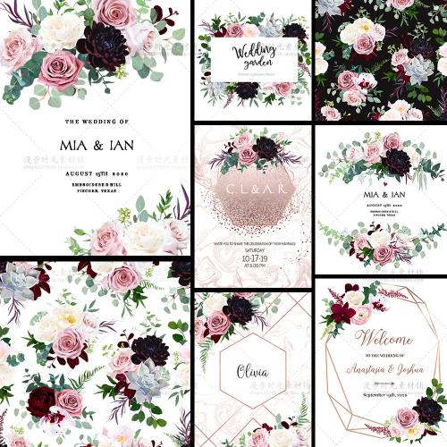 手绘矢量花环玫瑰花朵花卉婚礼请柬邀请函卡片EPS设计素材