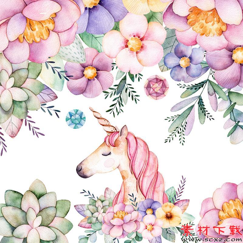 唯美清新花卉花环独角兽素材