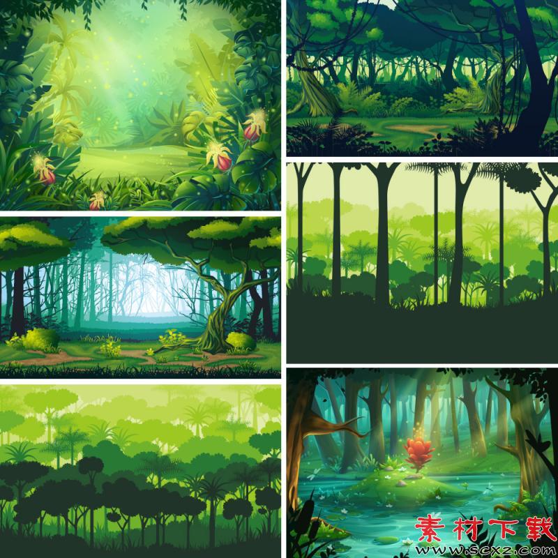 梦幻绿色森林树木植物剪影素材