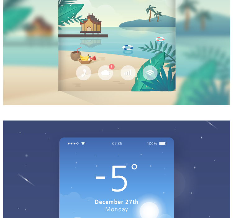扁平化卡通天气风景UI设计APP引导页海报