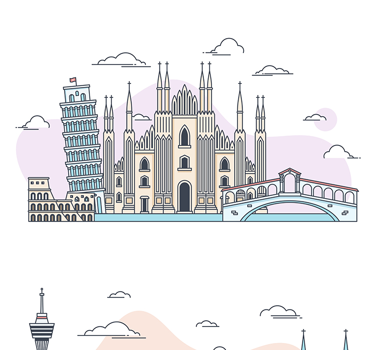 创意扁平化线性插画旅游景点app海报
