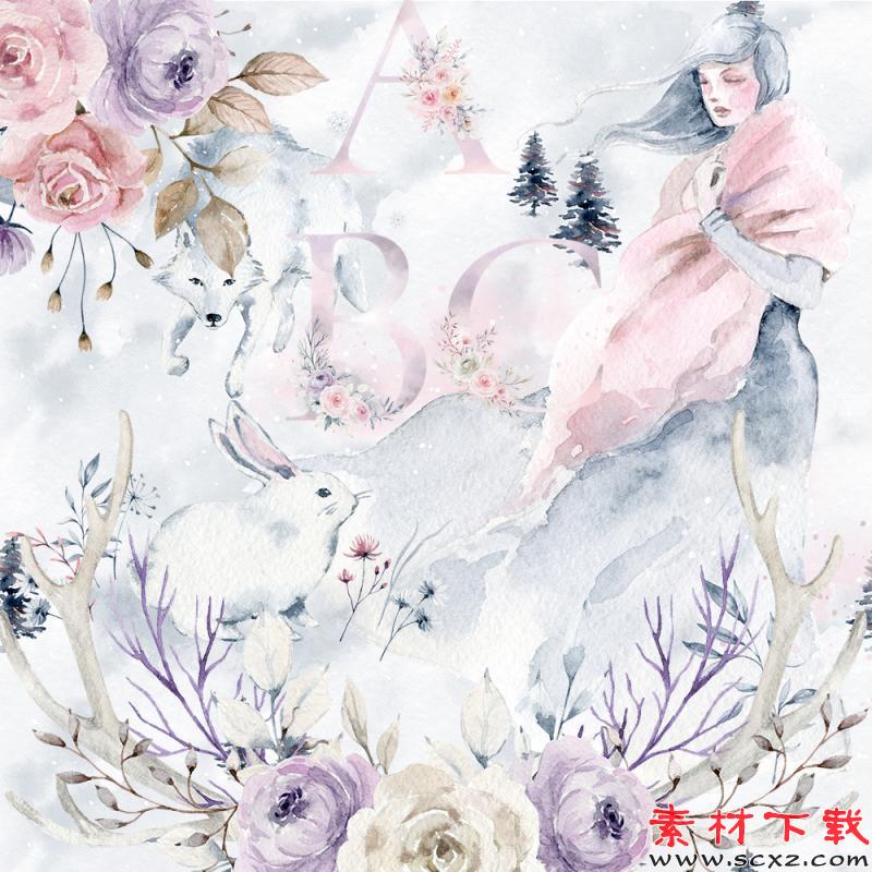 水彩花朵字母