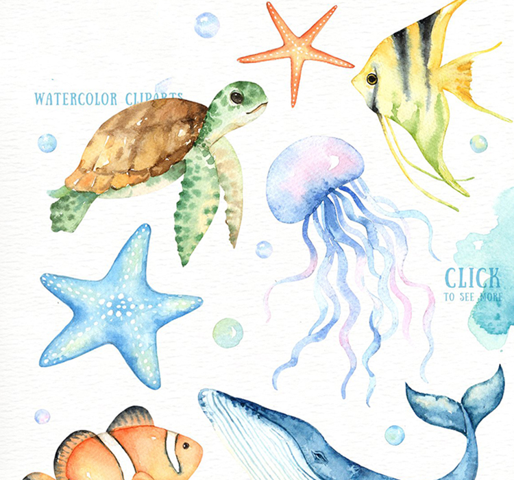 手绘水彩海洋生物模板