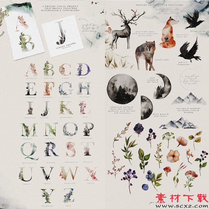 水彩英文字母婚礼花环lOGO