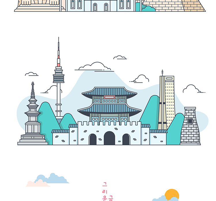 创意扁平化线性插画旅游景点app海报