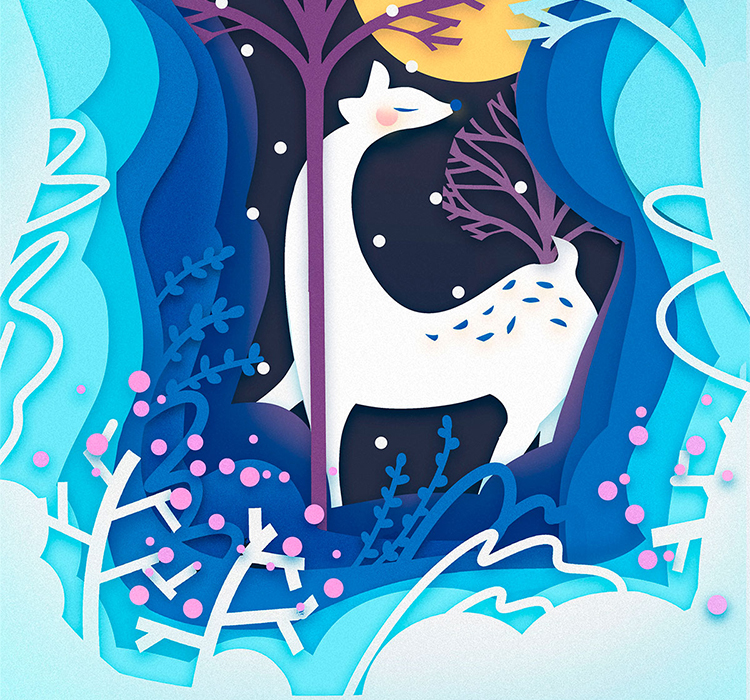 唯美森林麋鹿插图插画剪纸创意海报