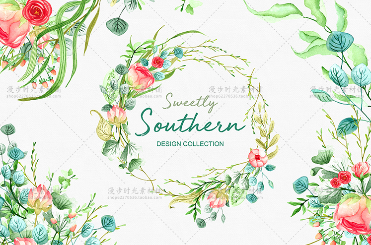 水彩艳丽花朵绿色花环边框模板