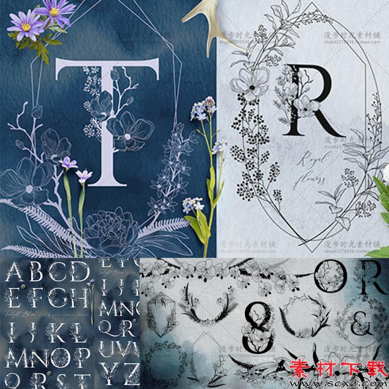 EPS矢量手绘线描花环婚礼请柬LOGO素材