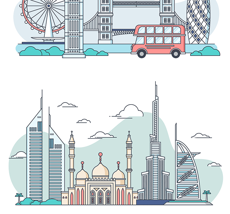 创意扁平化线性插画旅游景点app海报