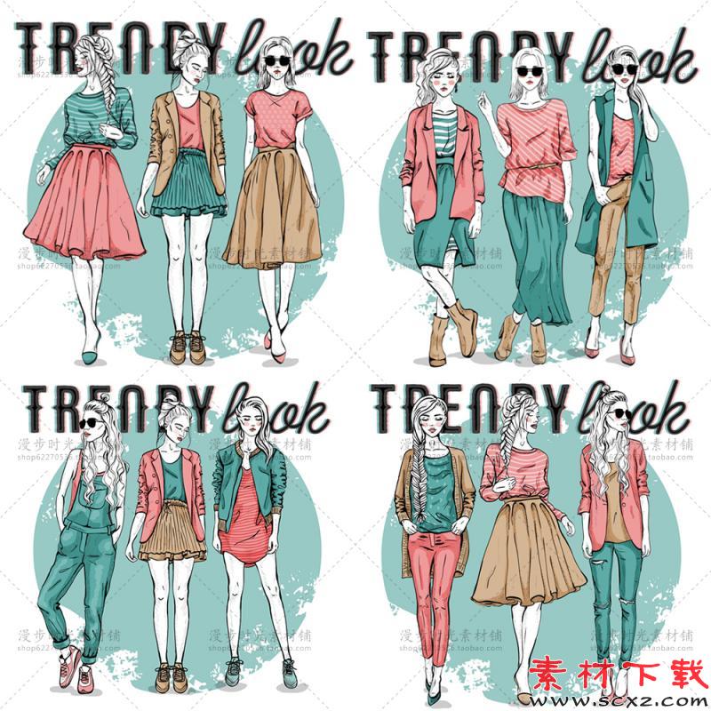 手绘模特女郎时装走秀EPS平面设计素材