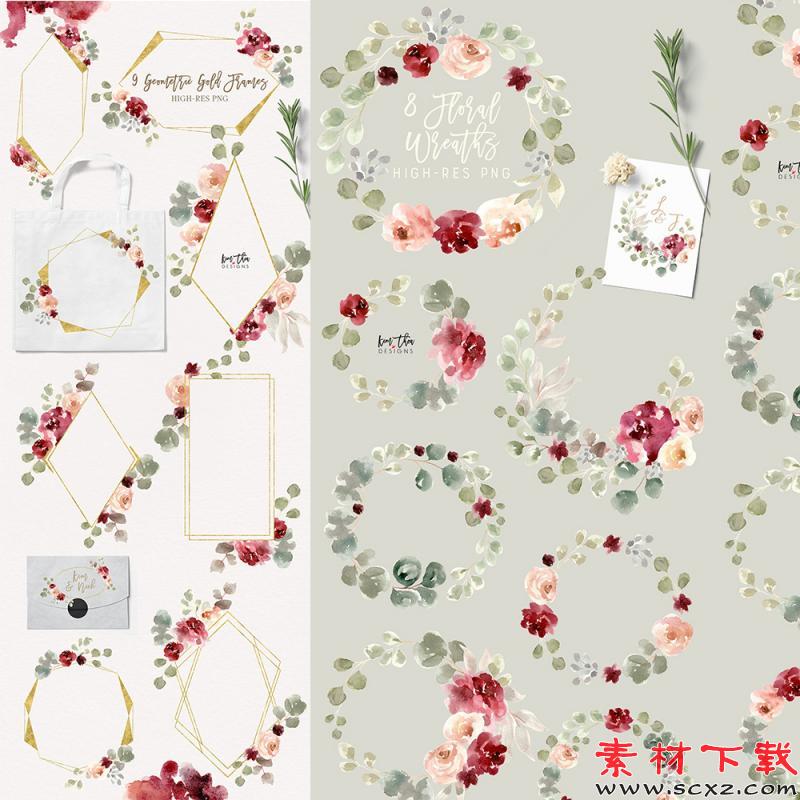 手绘水彩玫瑰花环边