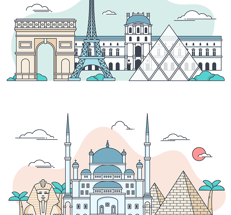 1创意扁平化线性插画旅游景点app海报