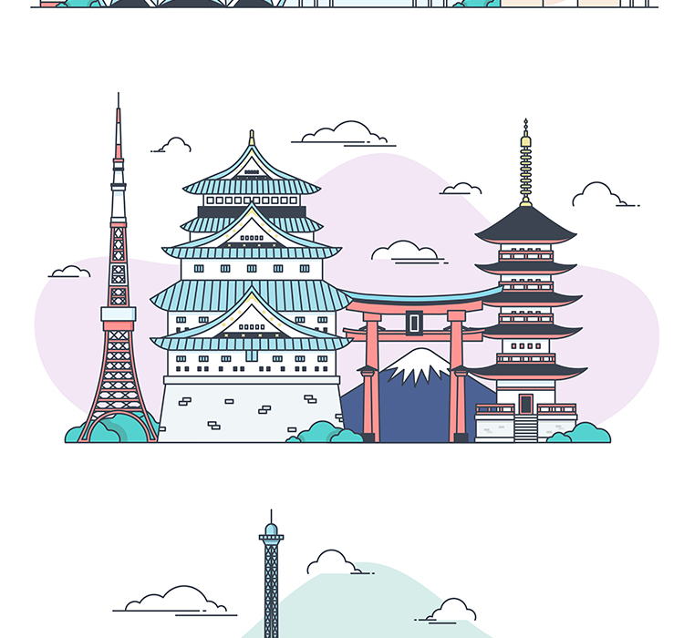 创意扁平化线性插画旅游景点app海报