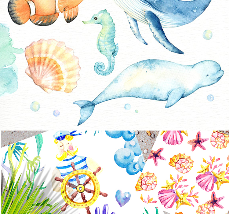 手绘水彩海洋生物模板