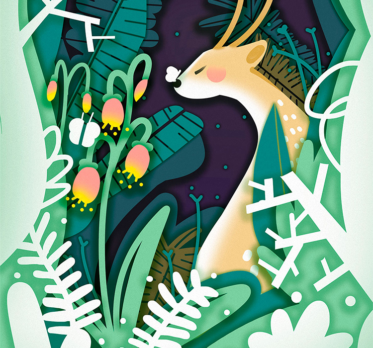 唯美森林麋鹿插图插画剪纸创意海报