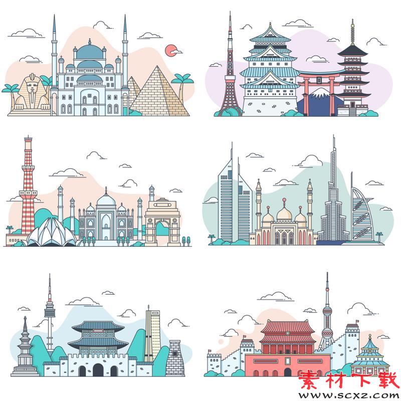 创意扁平化线性插画旅游景点app海报