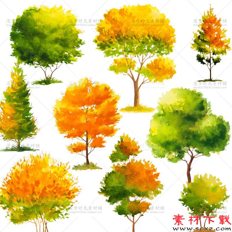 手绘水彩秋天树木大树落叶PNG免扣素材