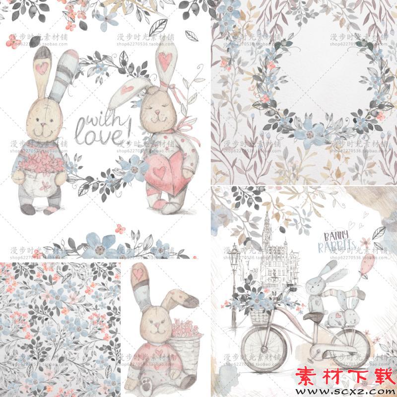 手绘水彩彩铅兔子淡素雅花环PNG免抠设计素材