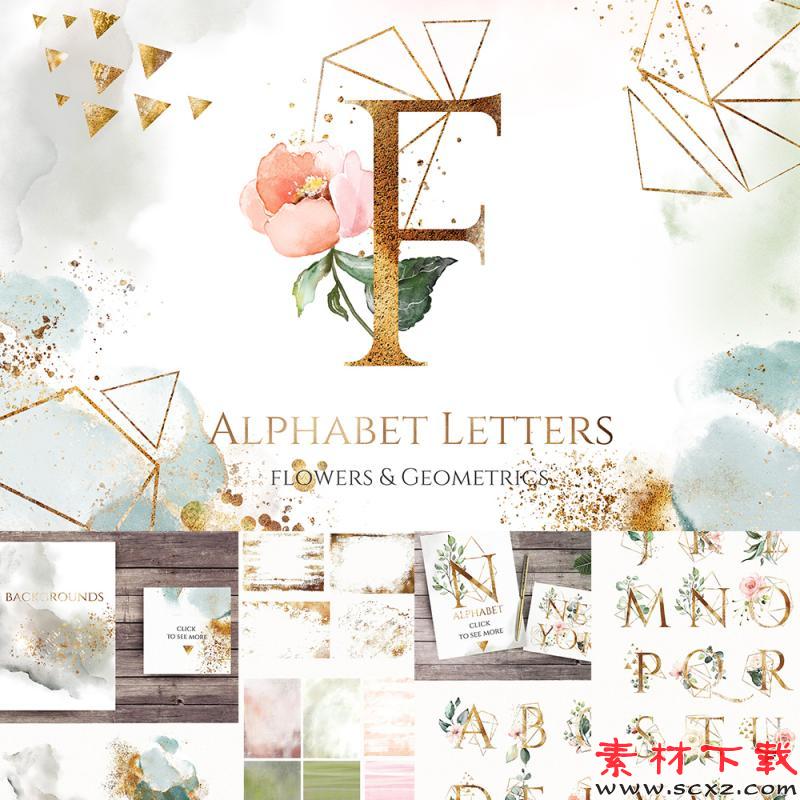 金色英文字母花朵婚礼LOGO标志请柬卡片