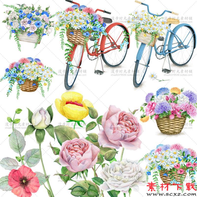 手绘花蓝花卉自行车免扣PNG+PSD设计素材